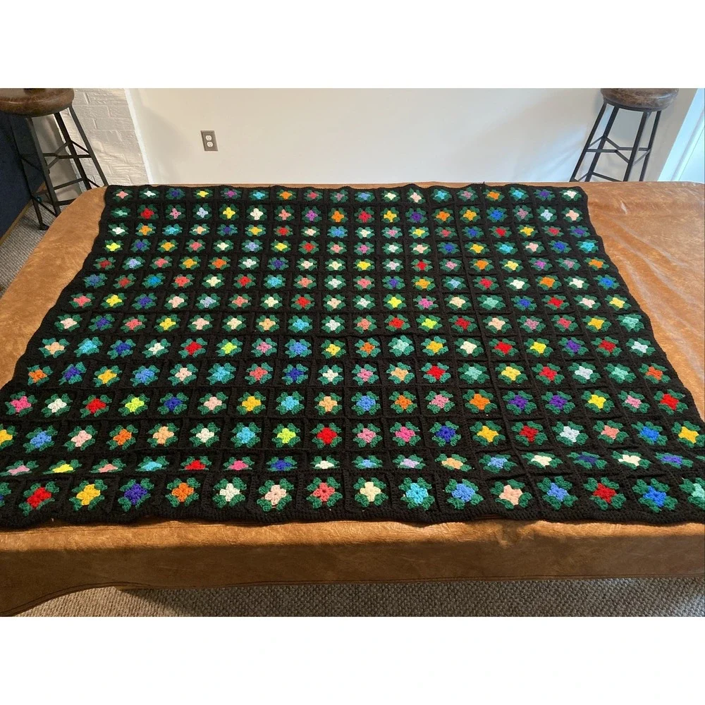 Vtg Square Black Afghan 69